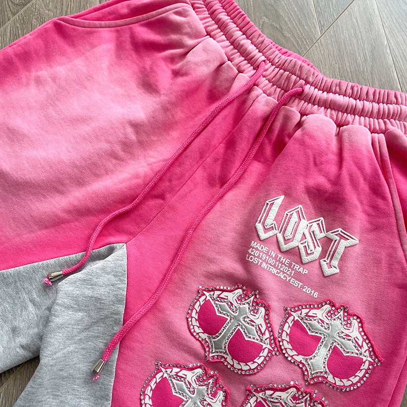 Fashion Rhinestone Mitt Shorts Hot Diamond Casual Short Sleeve