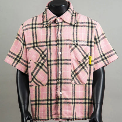 American Trend That'S a Awful Lot of Cough Syrup Short Sleeve Shirt Streetwear Distressed Flannel Pink Plaid Shirt Tops