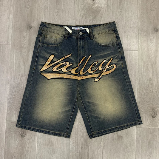 Shinning Diamond Letter Embroidery Washed Jeans Shorts for Men and Women Vintage Baggy Rhinestone Baggy Denim Shorts Oversized
