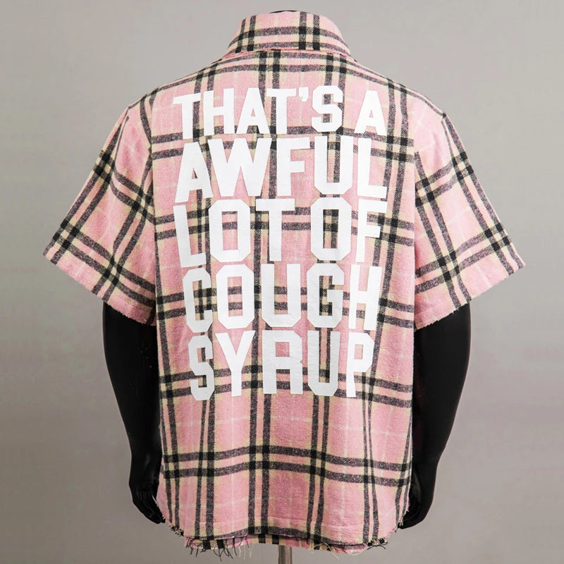 American Trend That'S a Awful Lot of Cough Syrup Short Sleeve Shirt Streetwear Distressed Flannel Pink Plaid Shirt Tops