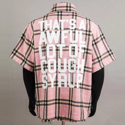 American Trend That'S a Awful Lot of Cough Syrup Short Sleeve Shirt Streetwear Distressed Flannel Pink Plaid Shirt Tops